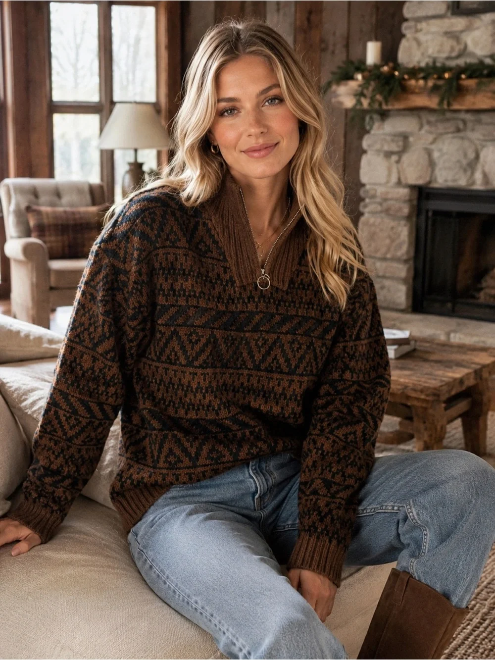 Aerie Fair Isle Quarter Zip Knit Sweater Brown Black Women’s Small S